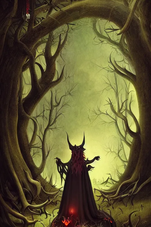 Image similar to satanic witch in the evil forest, fantasy, 8 k resolution, hyper detailed, character design, digital painting, sharp focus, illustration, art by hieronymus bosch