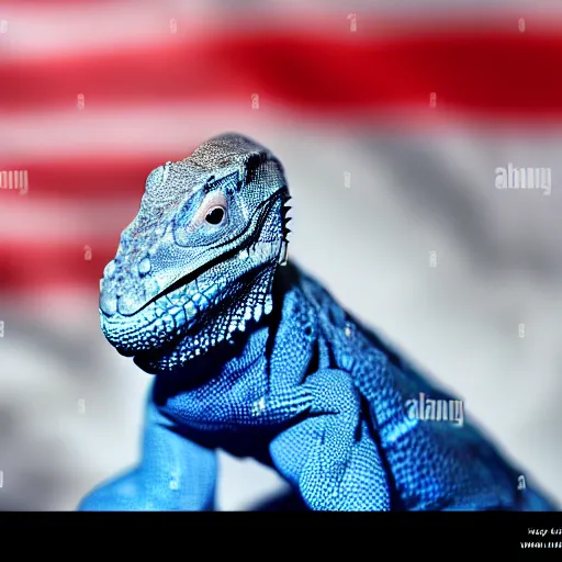 Prompt: A lizard alien creature standing in front of the american flag attempting to look patriotic but failing, presidential nomination photo