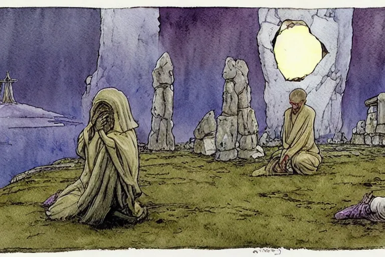 Prompt: a realistic and atmospheric watercolour fantasy concept art of a ufo landing in a tiny stonehenge. one dirty medieval monk in grey robes is on his knees praying to the ufo. muted colors. by rebecca guay, michael kaluta, charles vess and jean moebius giraud