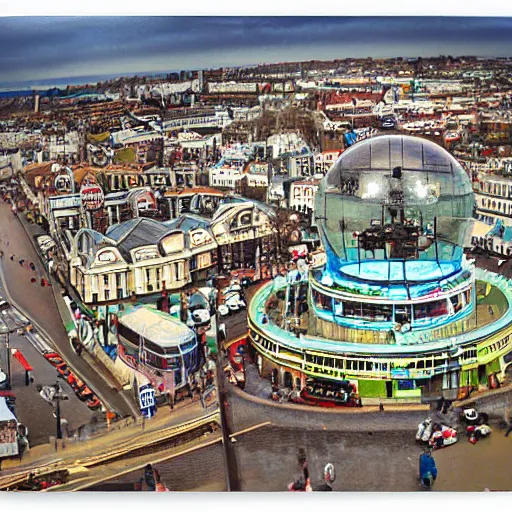 Image similar to snowglobe of a tiny town brighton uk, tilt - shift lomo photo