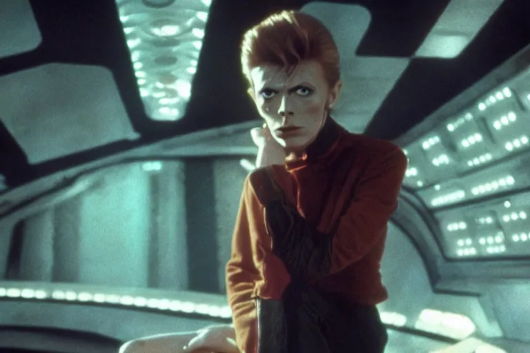 Image similar to a young David Bowie on the bridge of a starship, movie still,color,70mm