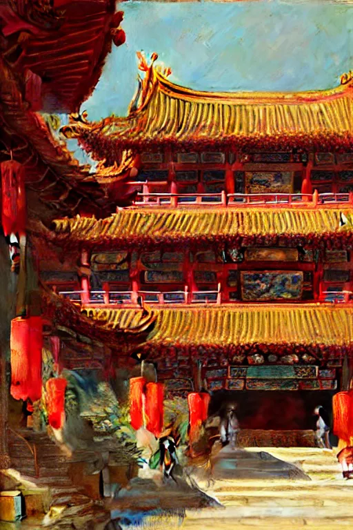 Prompt: Chinese temple, painting by Gaston Bussiere, Craig Mullins