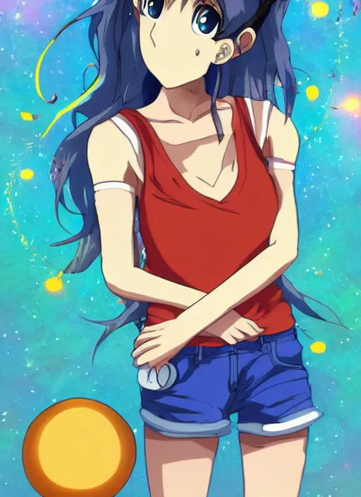 Prompt: an anime in outer space holding a small blue earth in her hand, wearing jean shorts and tank top, no other planets, digital art, anime