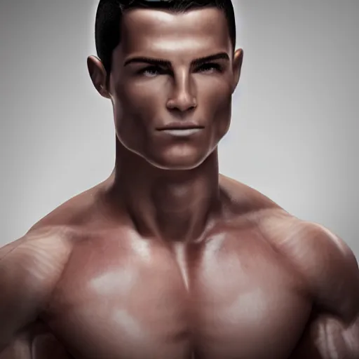 Image similar to a realistic detailed photo of a male fitness model who is also a male android, cristiano ronaldo, shiny skin, posing robotically, blank stare