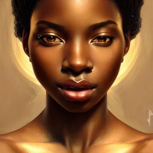 Prompt: portrait of an african american goddess, half body, perfect face, intricate, elegant, highly detailed, digital painting, artstation, concept art, smooth, sharp focus, illustration, art by artgerm and greg rutkowski and alphonse mucha