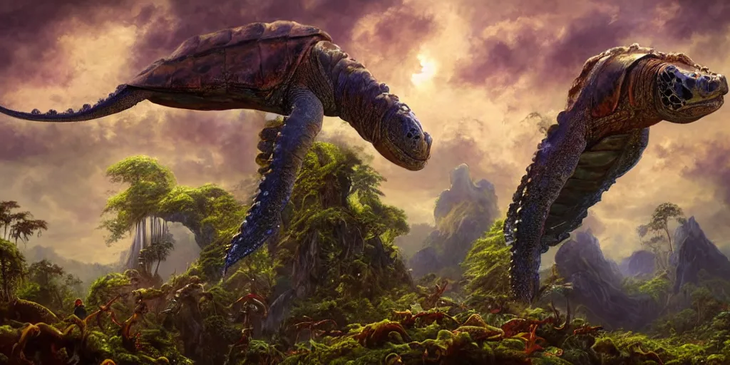 Prompt: fantasy oil painting, great leviathan, turtle cephalopod terrapin reptilian pachyderm amphibian hybrid, epic natural light, lush plants flowers, rainforest mountains, bright clouds, luminous sky, outer worlds, cinematic lighting, michael whelan, michael cheval, vray, 8 k hd