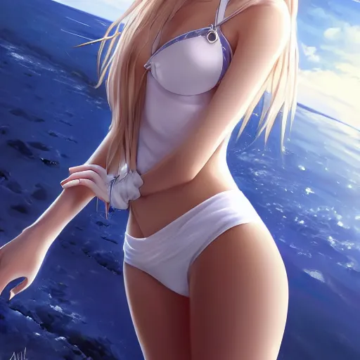 Image similar to picture : a beautiful young blond anime girl, sky blue eyes, bikini, white miniskirt, highly detailed, cinematic wallpaper by stanley artgerm lau