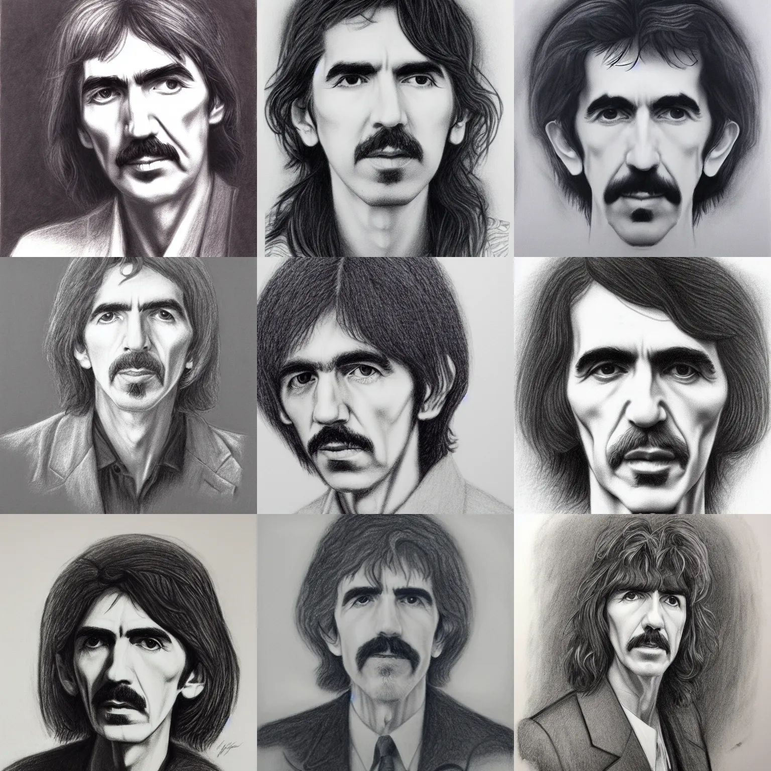 Prompt: 1989 portrait of George Harrison, charcoal and white pen