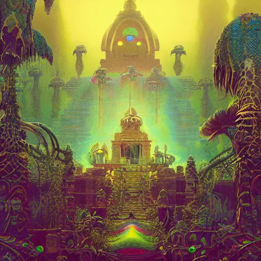 Image similar to overgrown jain temple of death with glowing mayan rainbow skulls, by michael whelan and moebius and beeple and kilian eng and dan mcpharlin and pascal blanche and jamie hewlett and richard dadd, symmetrical, magical stormy reflections, smoke on water, 8 k hi - res, acid, metropolis disco laser rays