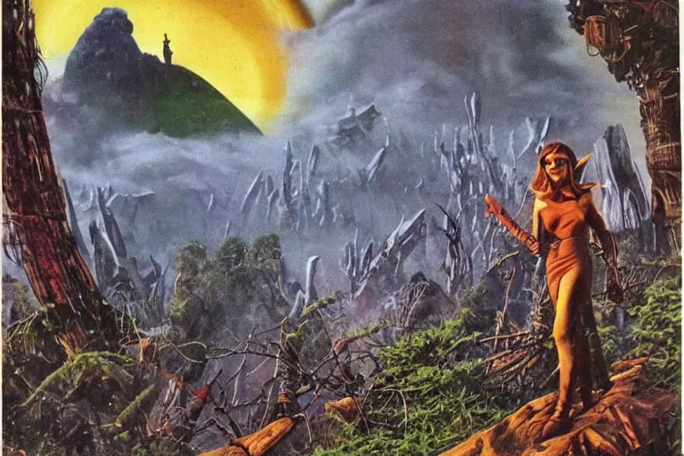 Image similar to 1 9 7 9 omni magazine cover of a nature druid elf in postapocalyptic city intertwined with nature and forest floating in in the clouds of jupiter, by vincent di fate