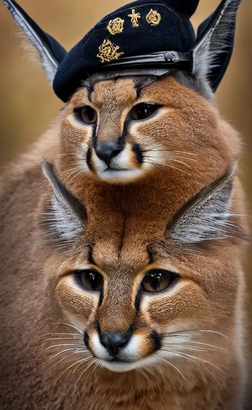 Image similar to portrait photo of cute fluffy caracal, with military hat, highly detailed, high resolution, cosplay photo, stunning, bokeh soft, 1 0 0 mm, trending on instagram, by professional photographer, soldier clothing, shot with a canon, low saturation