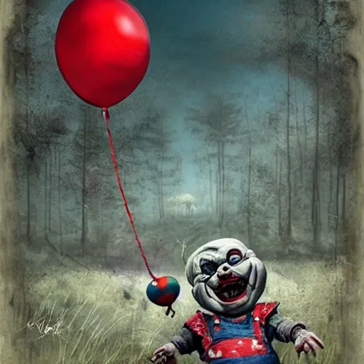 Image similar to grunge cartoon landscape painting of chucky with a wide smile and a red balloon by - michal karcz, loony toons style, pennywise style, horror theme, detailed, elegant, intricate