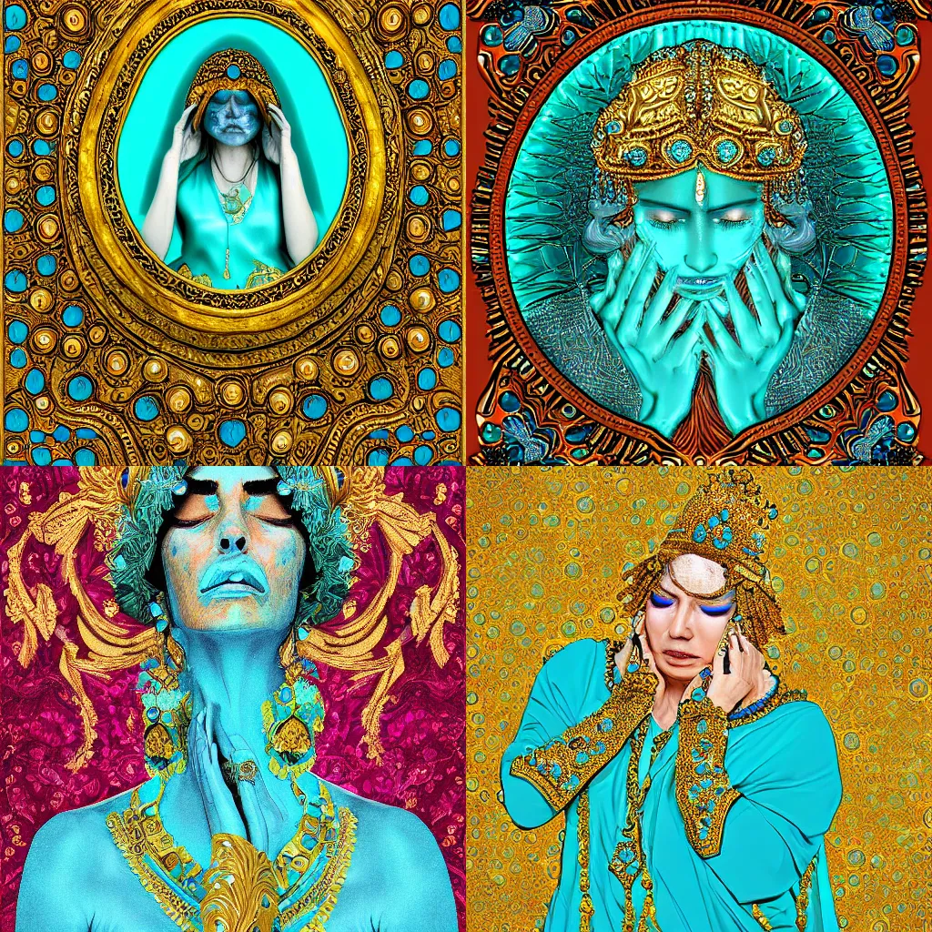 Prompt: a weeping woman an opulent attire, turquoise and gold, highly detailed, digital art, vibrant