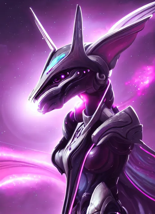 Prompt: cinematic close shot, galactic sized goddess, proportional stunning beautiful hot female warframe, sleek mecha female dragon head, metal ears, led purple eyes, smooth fuschia skin, smooth silver armor, floating in space, holding a galaxy, epic proportions, epic size, epic scale, furry art, dragon art, giantess art, warframe fanart, furaffinity, octane