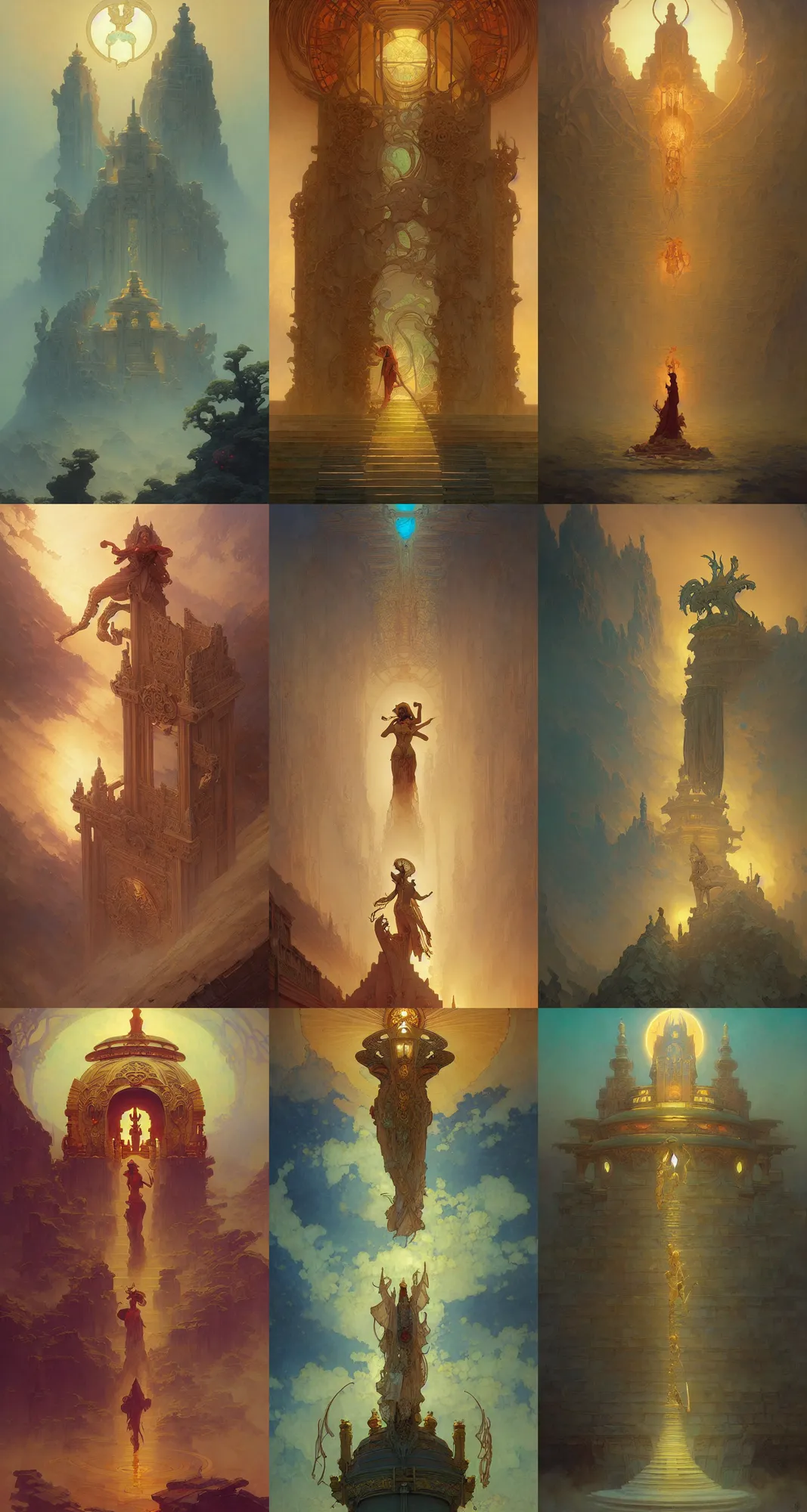 Prompt: temple of the sun, art nouveau architecture, fantasy, art by joseph leyendecker, peter mohrbacher, ivan aivazovsky, ruan jia, reza afshar, marc simonetti, alphonse mucha