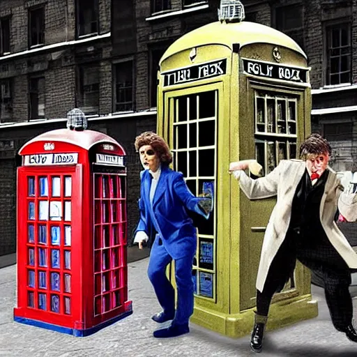 Image similar to doctor and daleks in one team, fighting against amy, in front for a telephone box in london, very detailed and artistic