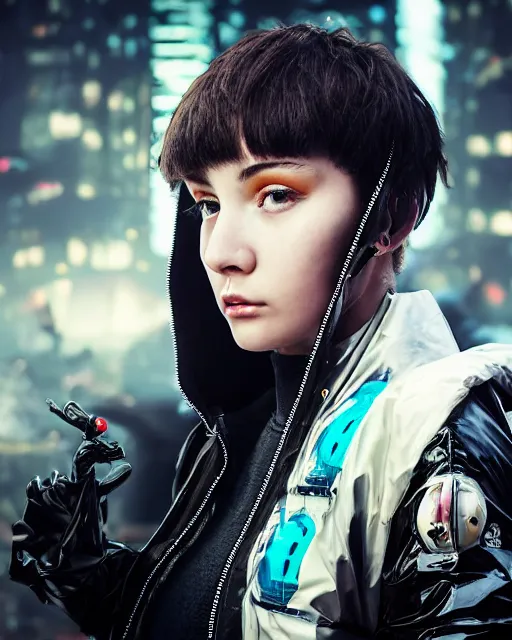 Image similar to detailed portrait guard girl with very short hair seen from the back, cyberpunk futuristic, reflective puffer jacket, black leggings, decorated with traditional ornaments in front of a dystopian crowd with piles of garbage perfect face, fine details, realistic shaded, fine - face, pretty face