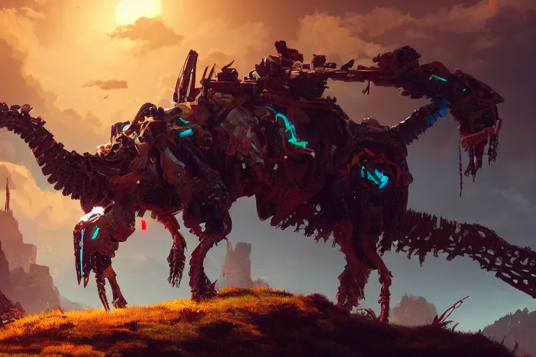 Prompt: grimhorn fanghorn machine mecanical creature robot of horizon forbidden west horizon zero dawn bioluminiscence global illumination ray tracing hdr fanart arstation by ian pesty and alena aenami artworks in 4 k