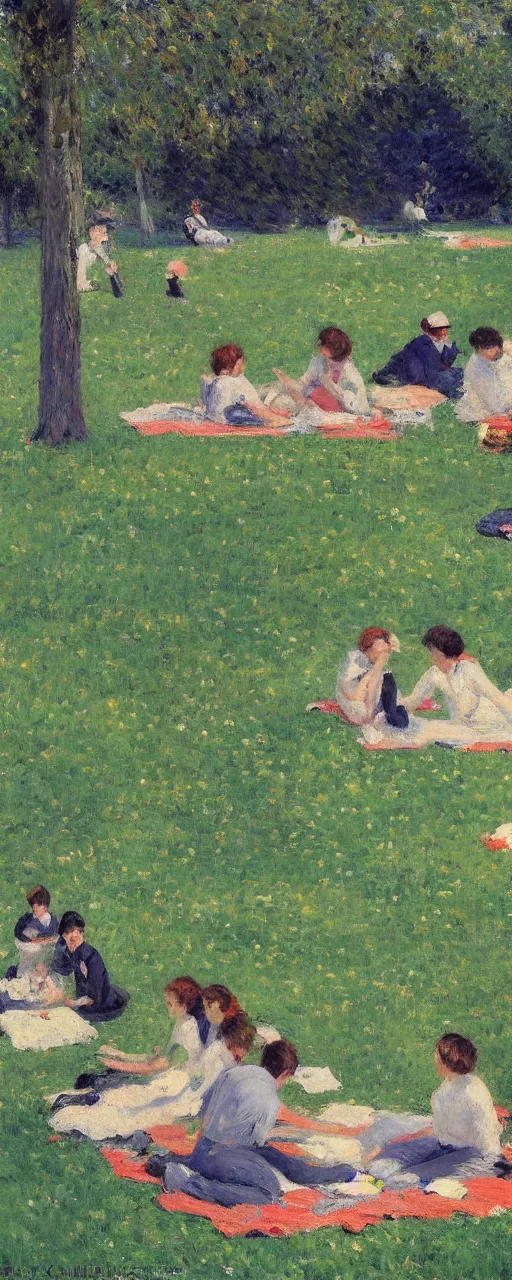 Image similar to a beautiful park in full bloom, people on a picnic, noon, Gustave Caillebotte, artstation, 8k