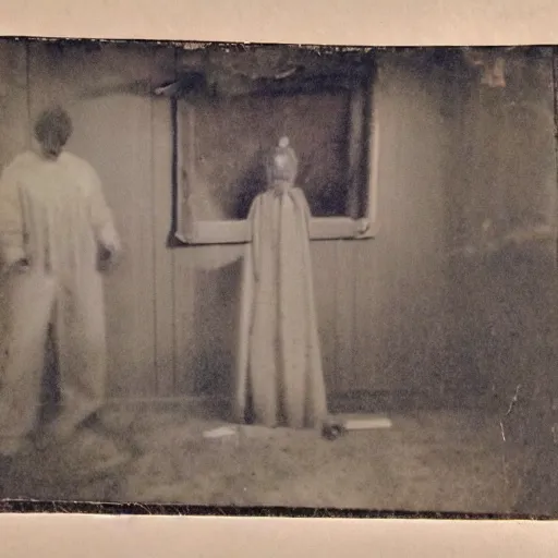 Image similar to an old worn photo of paranormal evidence, horror photography, terror, floating figures