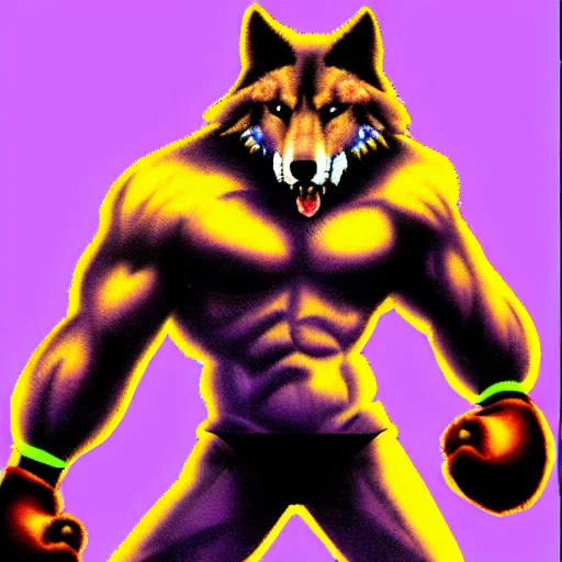 Prompt: full body portrait. 1 6 bit sega graphics. antropomorphic muscular masculine wolf. kickboxer fighter, in shorts. wolf head. furr on body. at night. destroyed scysrapers on background, violet sky, dark colors, 1 9 8 9