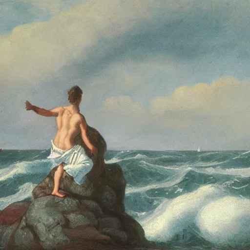 Prompt: painting of a person standing on a rock with waves crashing around by friedrich