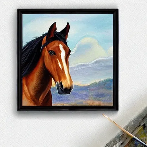 Image similar to A very beautiful painting of a horse next to a cottage