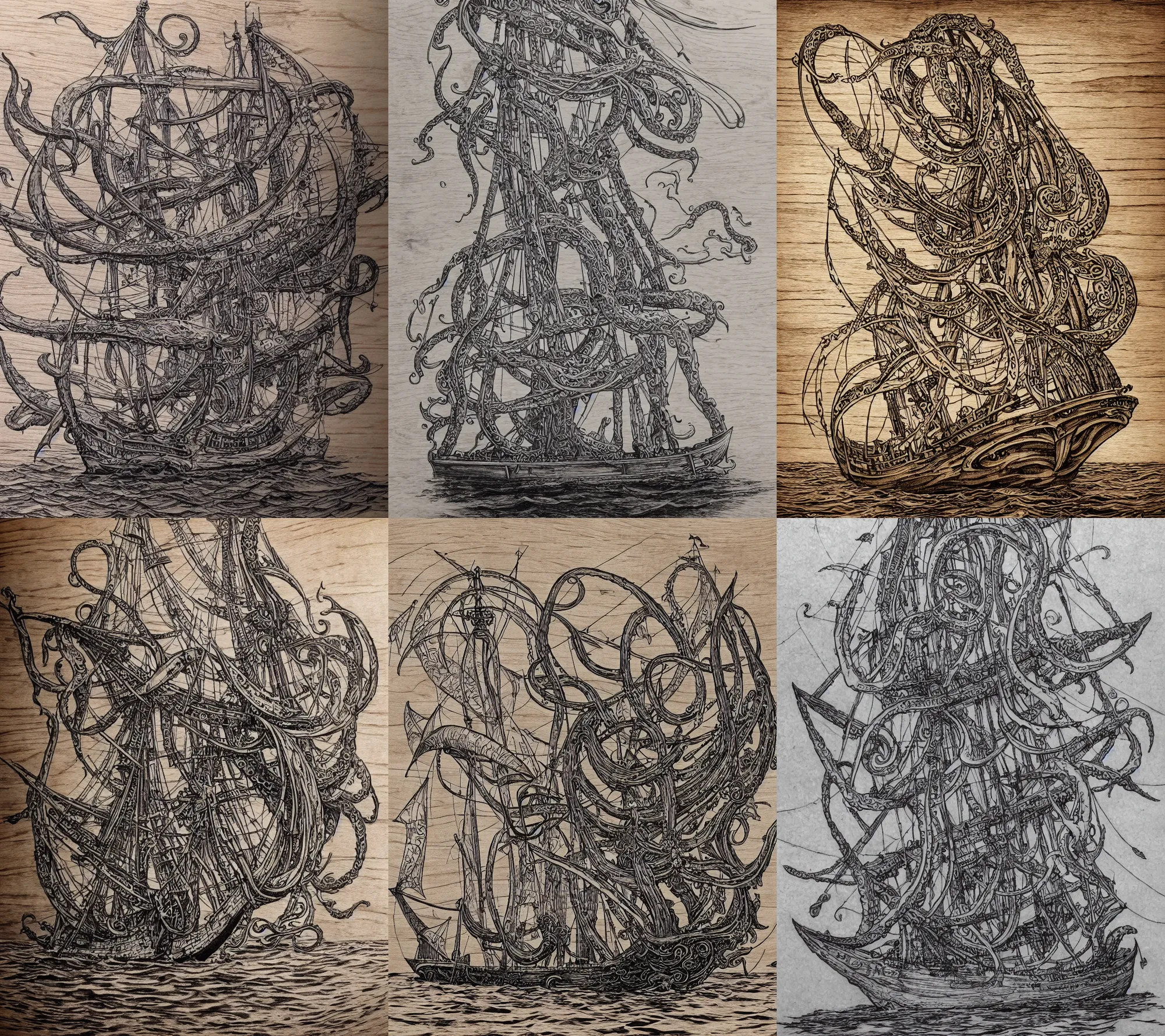 Prompt: pyrography of an ancient wooden schooner sea vessel with big sails being pulled underwater by a giant kraken squid with tentacles, wood burn illustration tattoo art, highly detailed, sharp focus, intricate concept art, ambient lighting, 4 k, artstation