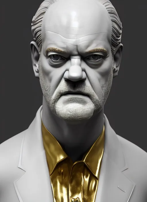 Image similar to a statue made of white marble with gold veins, of kelsey grammer as frasier crane, transhumanism, full body shot, perfect symmetrical body, perfect symmetrical face, hyper realistic, hyper detailed, by johannen voss, by peter kemp, by monia merlo, by michelangelo, octane render, blender, 8 k