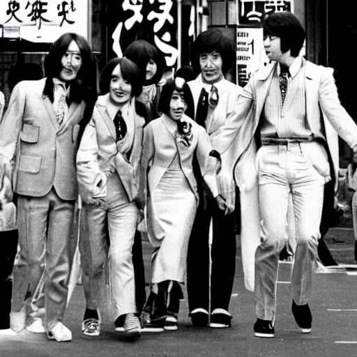 Prompt: 1 9 7 0 s japanese tv show, bw, mechanical creatures walking the streets of shinjuku,