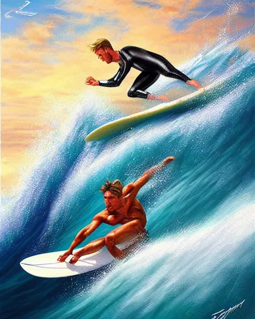 Prompt: surfing in a sea of pasta, detailed realistic sport art, artgerm