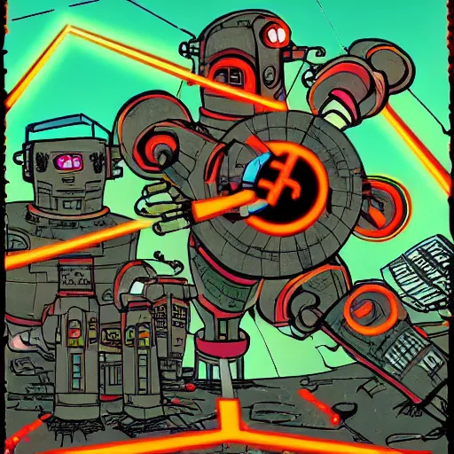 Prompt: ancient occult robots destroying a post dystopian civilization with lasers