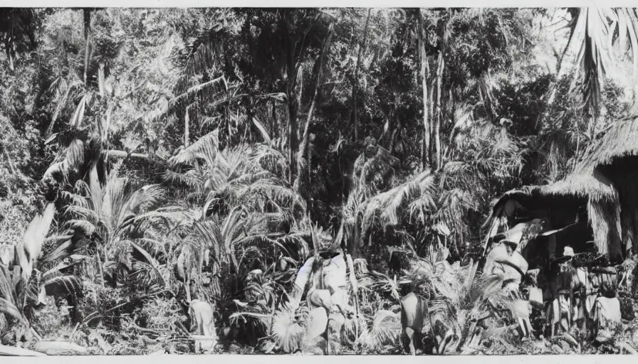 Image similar to lost film footage of a sacred ethnographic object in the middle of the ( ( ( ( ( ( ( ( ( tropical jungle ) ) ) ) ) ) ) ) ) / film still / cinematic / enhanced / 1 9 2 0 s / black and white / grain