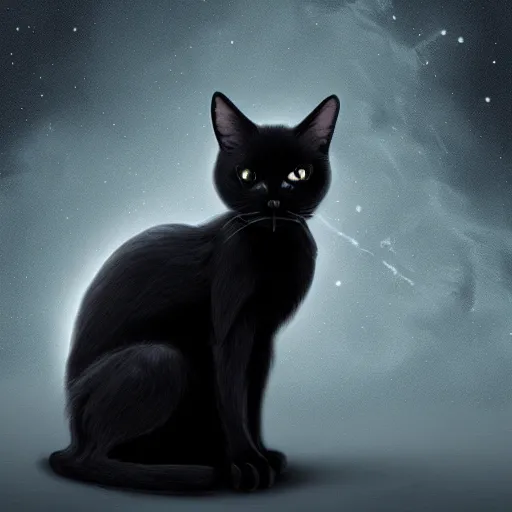 Prompt: black cat, cosmic background, artstation, matte painting