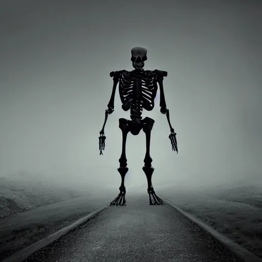 Image similar to a giant skeleton walks the earth, dark landscape, fog, matte painting