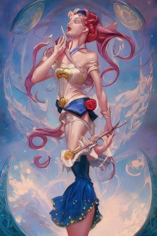 Image similar to Sailor Moon by Peter Mohrbacher in the style of Gaston Bussière, Art Nouveau