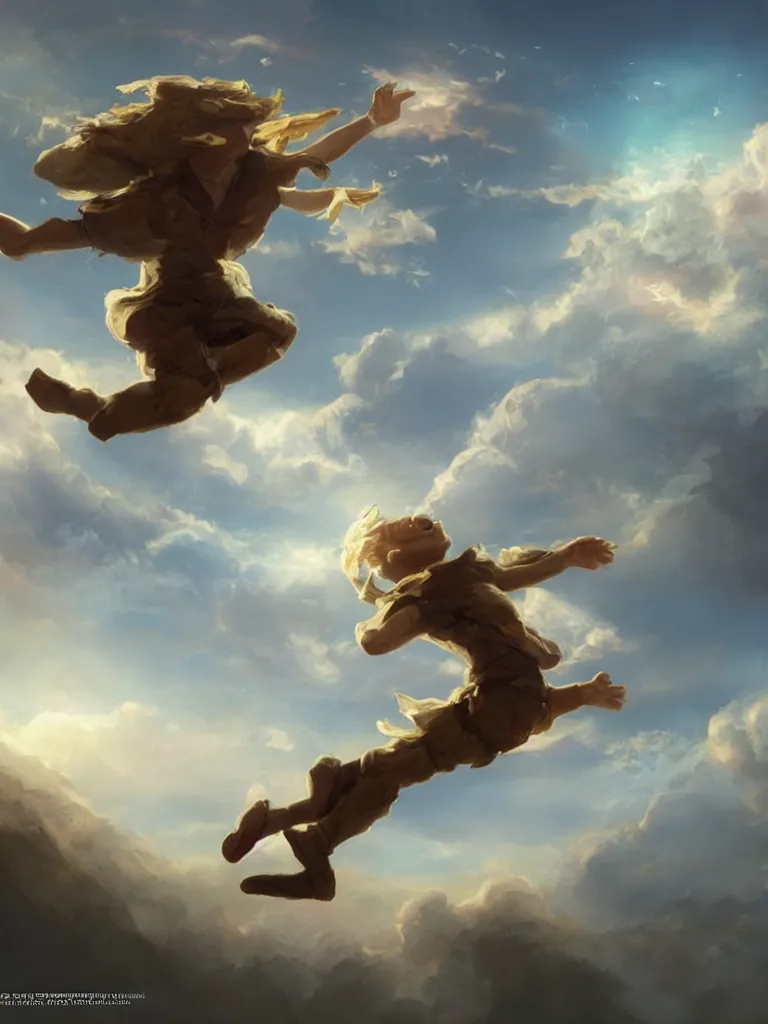 Prompt: jumping to the sky by disney concept artists, blunt borders, rule of thirds, golden ratio, godly light, beautiful!!!