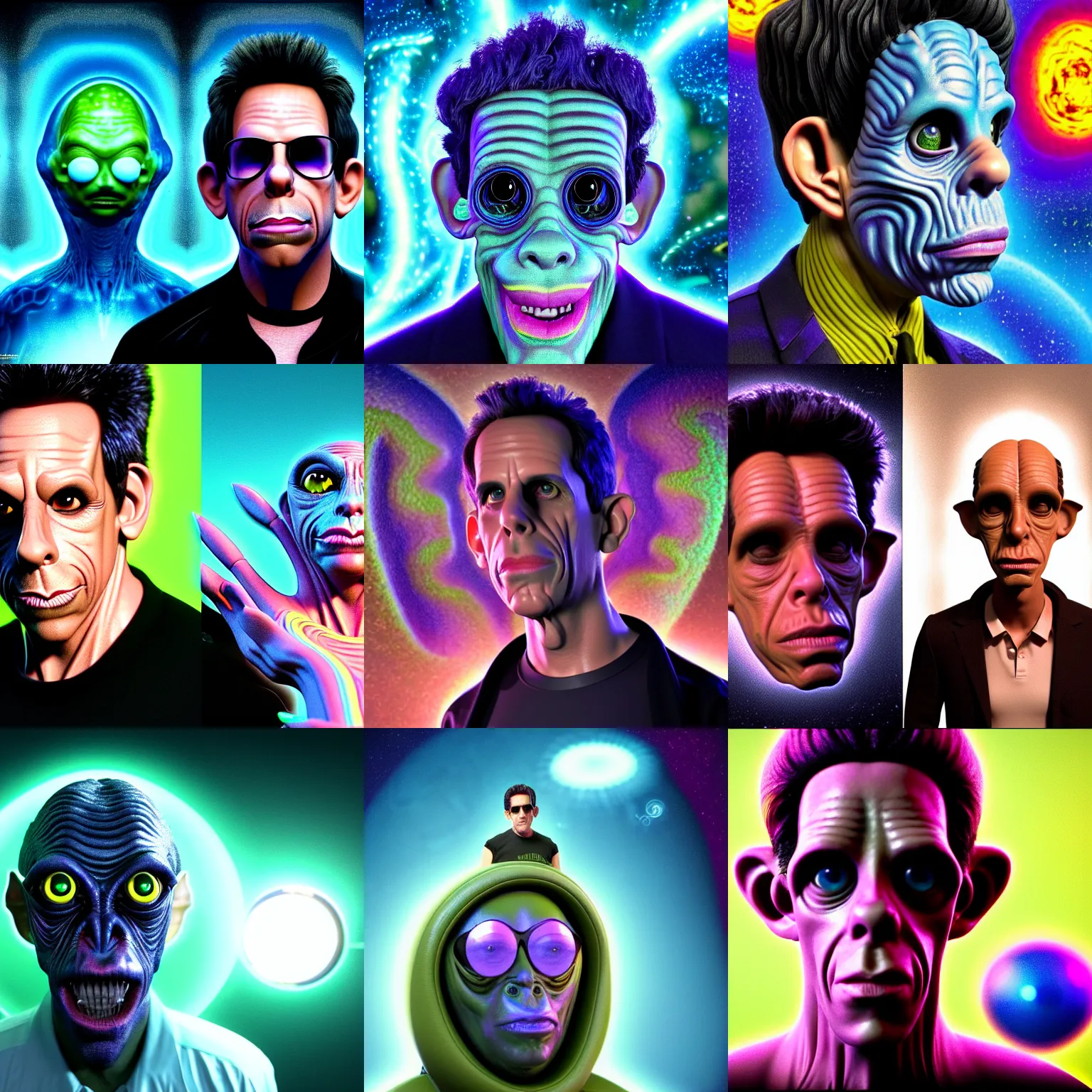 Prompt: a beautiful and intricate 3 d render of ben stiller poorly disguised as an extra - terrestrial alien in the style of the movie men in black ( 1 9 9 7 ) and lisa frank, escher, junji ito, detailed, cinematic, studio lighting, magic realism, artstationhq, unreal engine 5, volumetric fog, volumetric light