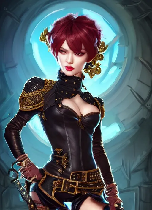 Image similar to rogue, fantasy ornate leather bandit outfit!!! close - up portrait beautiful and athletic short hair female!! gorgeous face and eyes!! character concept art, sharp focus, octane render! unreal engine 5! highly rendered!! trending on artstation!! detailed linework!! illustration by artgerm, wlop, and chie yoshii