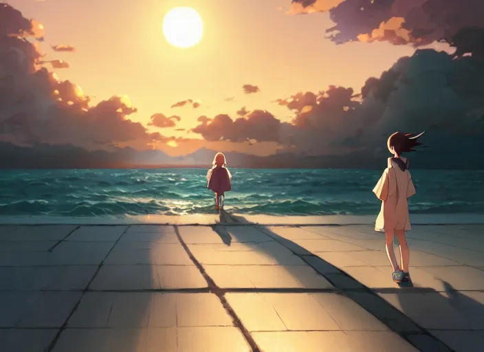 Prompt: girl on wheelchair is pushed by man, sunset sky in background, beach landscape, illustration concept art anime key visual trending pixiv fanbox by wlop and greg rutkowski and makoto shinkai and studio ghibli and kyoto animation, short hair hair, hair down, symmetrical facial features, backlit