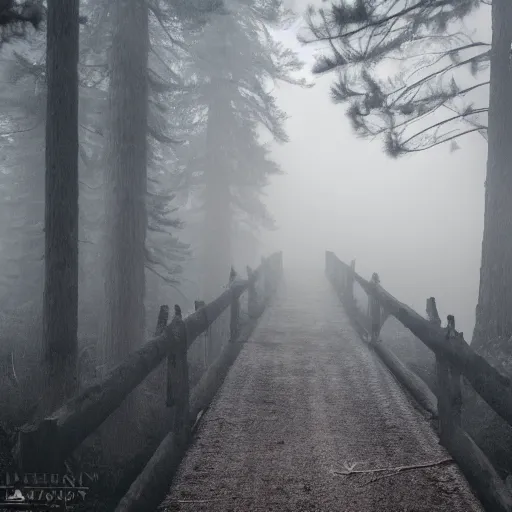 Prompt: photography of an old bridge over a dried river next to a haunted dark foggy forest with pine trees and mist, where monsters peer out waiting to pounce,