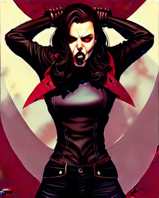 Image similar to rafael albuquerque comic art, peter mohrbacher, steve niles, artgerm, pretty scarlett johansson vampire sharp vampire teeth open mouth, symmetrical eyes, black leather jacket, jeans, long blonde hair, full body