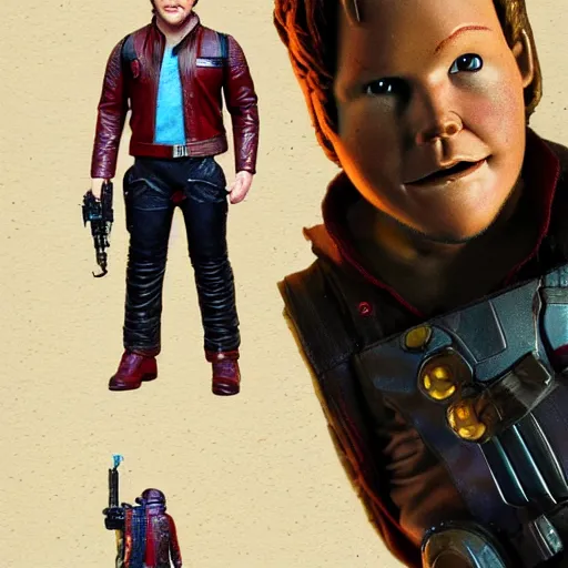 Image similar to the actor chris pratt as star lord posing with the doll chucky from the movie child's play, inside a starship, oil painting, by greg rutkowski