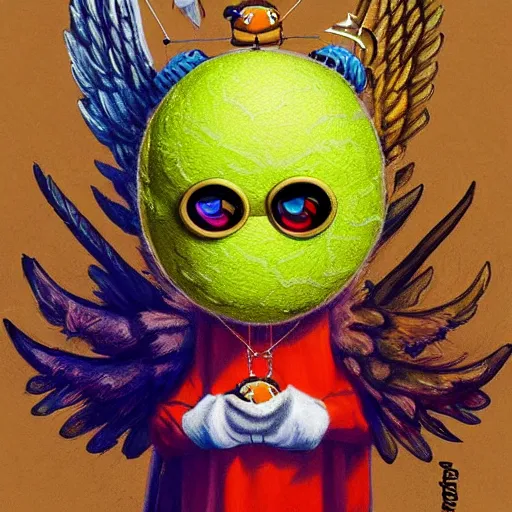 Prompt: a tennis ball monster with angel halo and wings, golden chain necklace, balaclava, tennis ball, urban, hip hop, rap, colorful, digital art, fantasy, magic, trending on artstation, ultra detailed, professional illustration by Basil Gogos