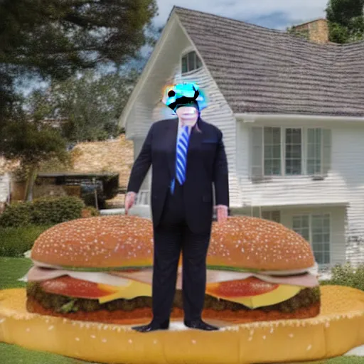 Prompt: trump looking happy living in a house made out of a giant cheeseburger