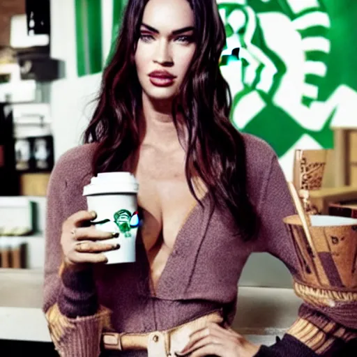 Prompt: Megan fox inside of Starbucks, vogue photograph