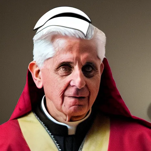 Image similar to pope benedict wearing sith cloak as chancelor palpatine in star wars episode 3, 8 k resolution, cinematic lighting, anatomically correct