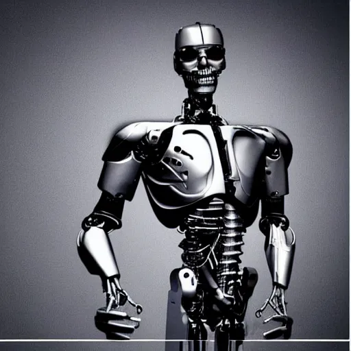 Image similar to “a realistic detailed photo of a guy who is the terminator robot, a cyborg consisting of living tissue over a robotic endoskeleton, who is a male android, Nils Kuesel, posing like a statue, blank stare”