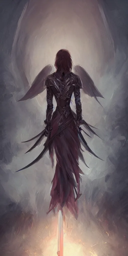 Prompt: a warrior in armor with wings behind his back and holding a sword, spirit fantasy concept art ， art by charlie bowater, trending on artstation.