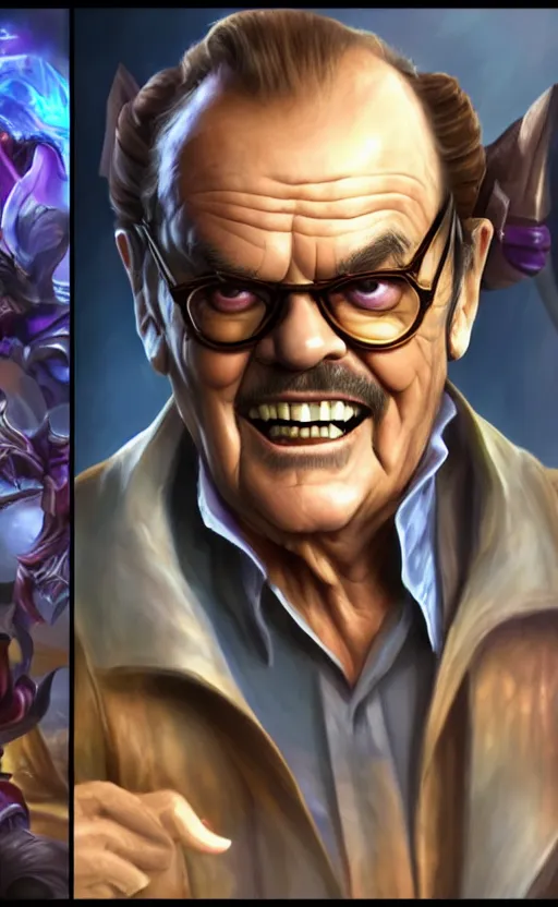 Image similar to Jack Nicholson as a character in the game League of Legends, with a background based on the game League of Legends, detailed face, old 3d graphics